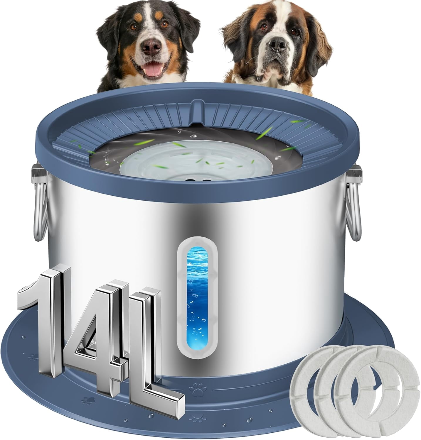 14L No Spill Dog Water Bowl, Stainless Steel Spill Proof Dog Bowl with Water Window, Dual-Suction Anti-Slip Large Capacity Slow Drinking Bowl with Floating Disk for Large Dogs & Messy Drinkers
