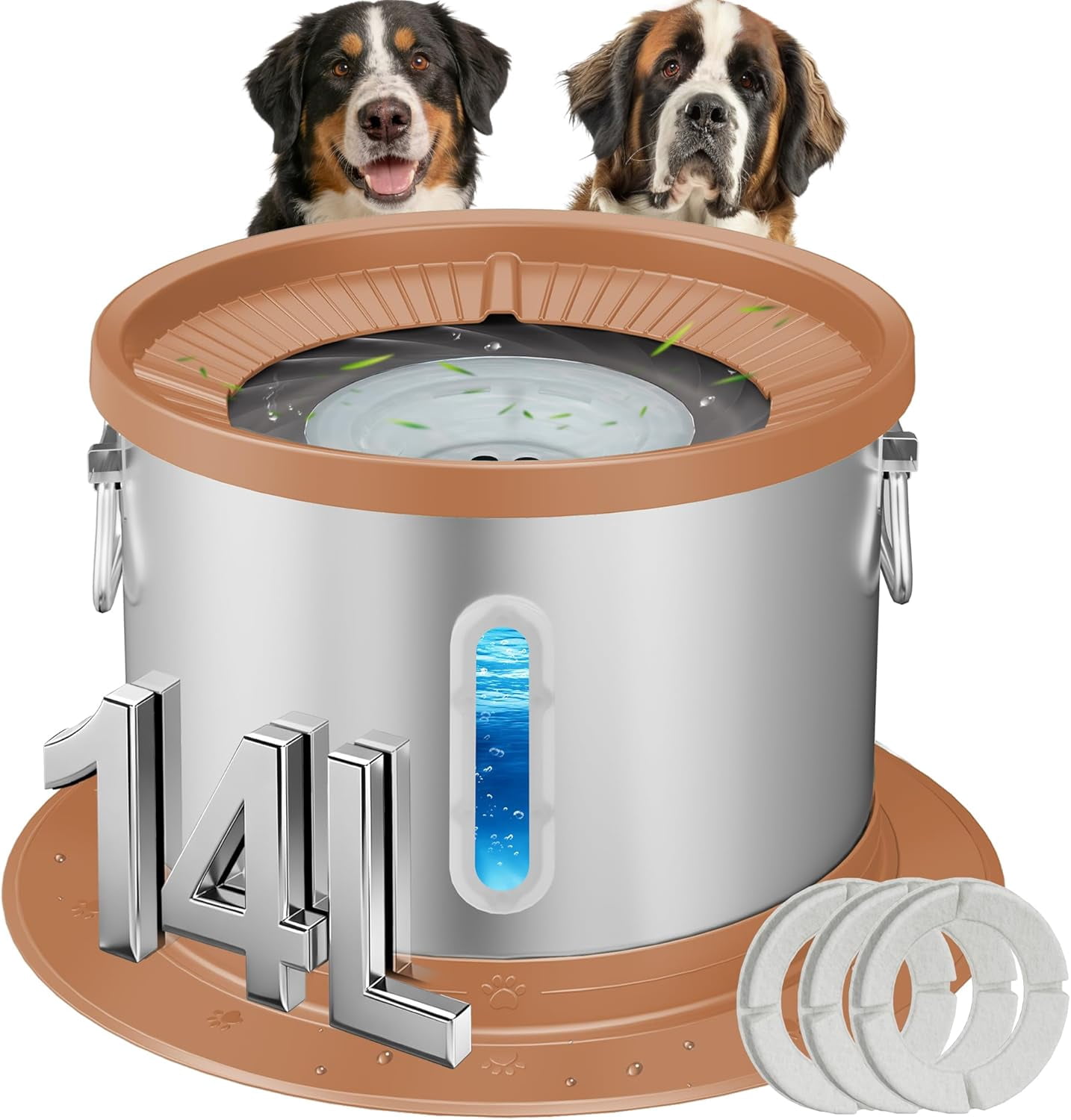 14L No Spill Dog Water Bowl, Stainless Steel Spill Proof Dog Bowl with Water Window, Dual-Suction Anti-Slip Large Capacity Slow Drinking Bowl with Floating Disk for Large Dogs & Messy Drinkers