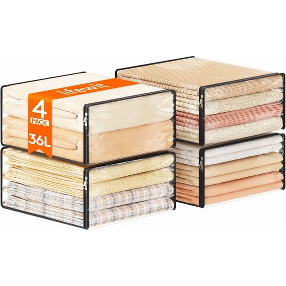 14L Transparent Bed Sheet Storage Bag with Zipper 6-piece Plastic Sweater Storage Box for Clothes Vinyl Foldable Clothes Wardrobe Blanket Bedding 15.7 x 13.8 x 3.9 inches