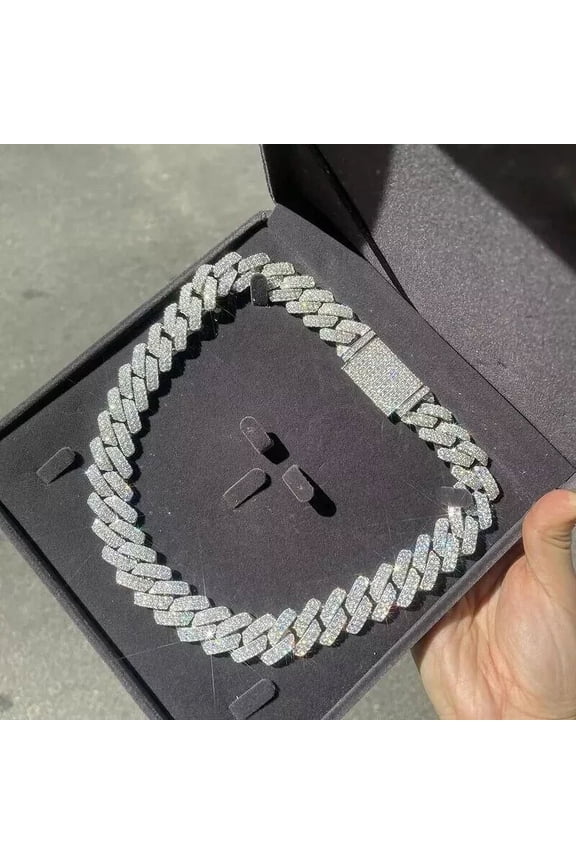 14MM Cuban Chain Lab Created Round-Cut Diamond Tow Line Cuban Link Chain For Men 14k White Gold Plated 925 Sterling Silver