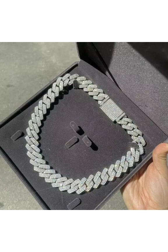 14MM Cuban Chain Lab Created Round-Cut Diamond Tow Line Cuban Link Chain For Men 14k White Gold Plated 925 Sterling Silver