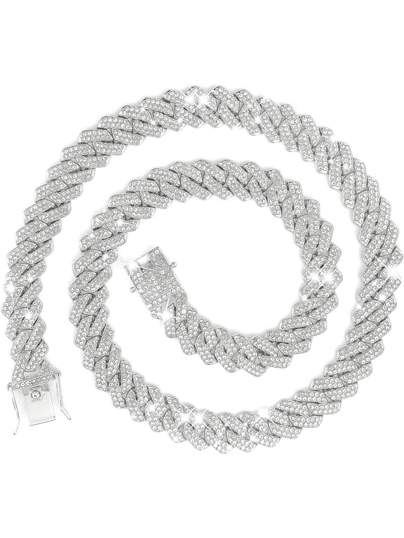 14MM Iced Out Cuban Link Chain, Silver Tone Plated Hip Hop Miami Cuban Chain Necklace for Men Women, 5A Cubic Zirconia Prong‑Set Diamond Jewelry
