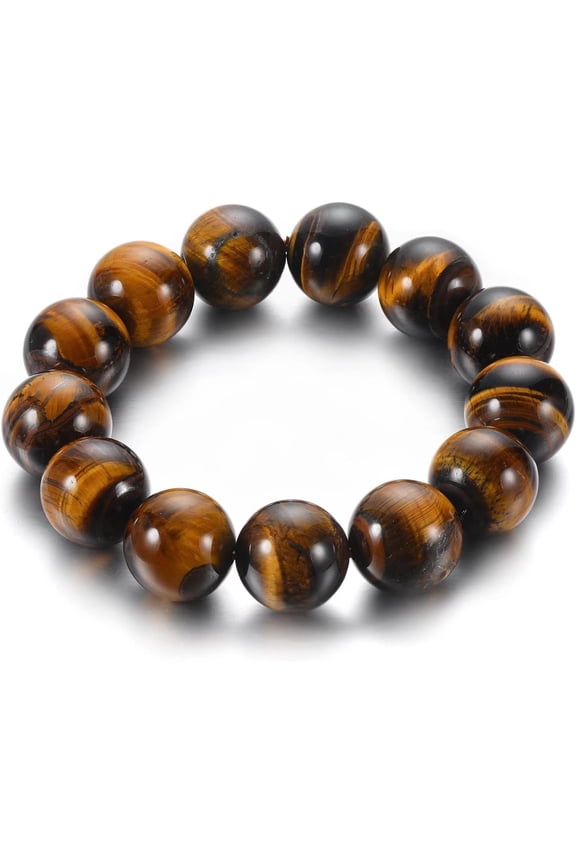 14MM Large Tiger Eye Beads Link Chain Bangle Bracelet for Men Women, Stretchable