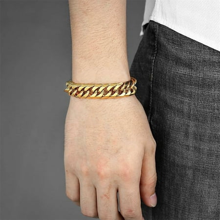 14MM Mens Bracelets Braslets Male 14K Yellow Gold Heavy Chunky Cuban Link Chain Bracelet Punk Jewelry