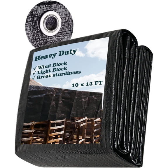 14Mil Tarp 10x13FT - Black Durable Poly Tarpaulin with Rust-Proof Grommets, UV & Resistant for Outdoor, , Pool, , Shed, Cargo