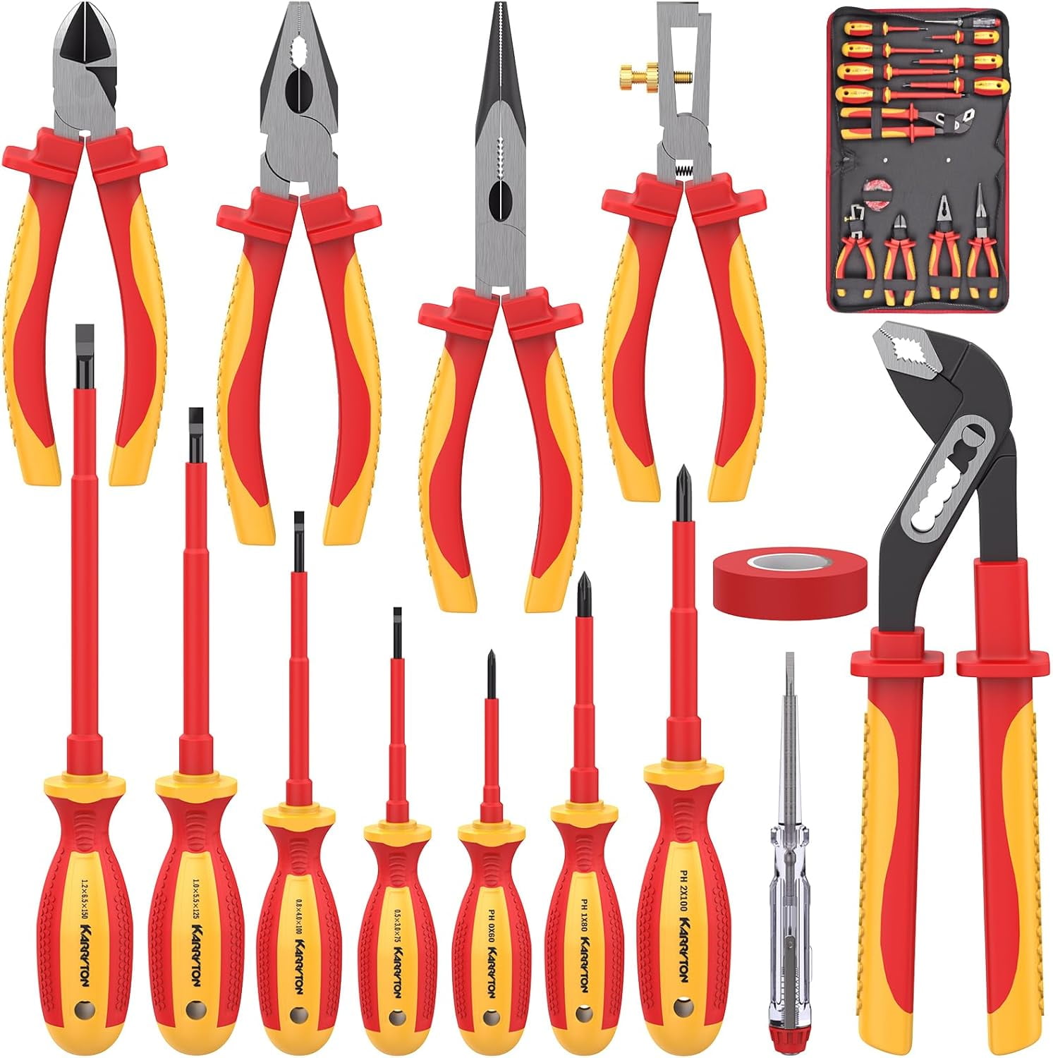 14PC 1000V Insulated Electrician Tool Set,VDE Certified Electrical Tools Kit with Pliers, Screwdrivers, Voltage Tester,w/All-in-One Bag, Ideal for Home and Industrial Electrical Repair