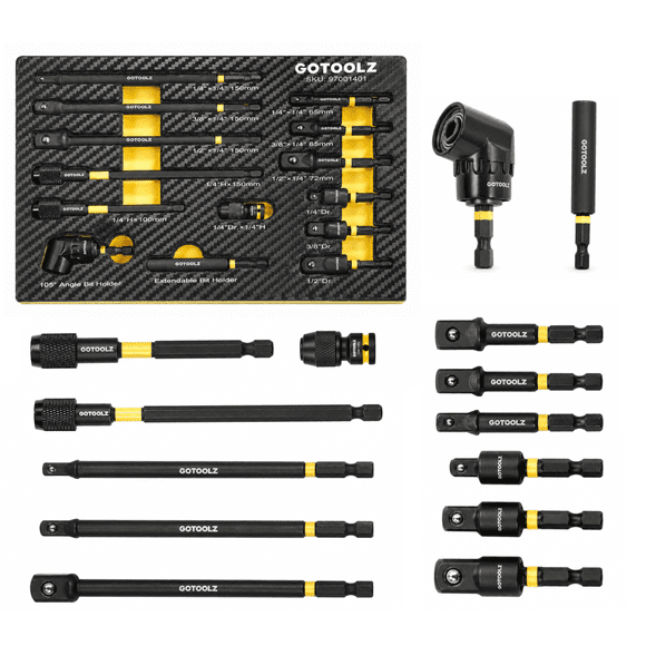 14PC Impact Socket Adapter Set, 1/4" 3/8" 1/2" Square Drive Converter, Quick Release Magnetic Drill Bit Extension Rod, 360 Swivel Universal Joint & 105 Right Angle Drill Attachment