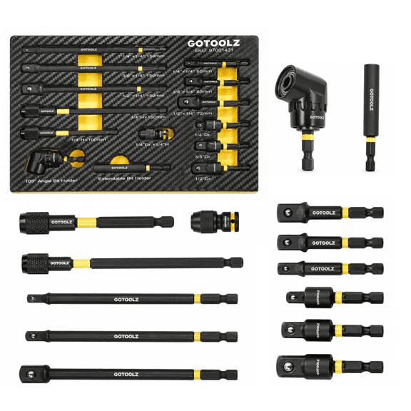 14PC Impact Socket Adapter Set, 1/4" 3/8" 1/2" Square Drive Converter, Quick Release Magnetic Drill Bit Extension Rod, 360 Swivel Universal Joint & 105 Right Angle Drill Attachment