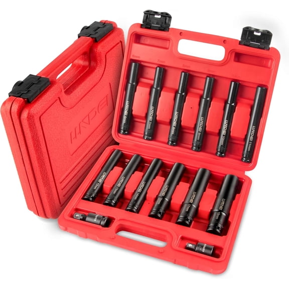 14PCS 3/8 Drive Impact Deep Well Socket Set Metric, Extra Long Reach 6-19mm, 6-Point Weighted Deep Impact Sockets for Auto Engine & Motorcycle Repair, Cr-V Steel with Black Oxide Coating
