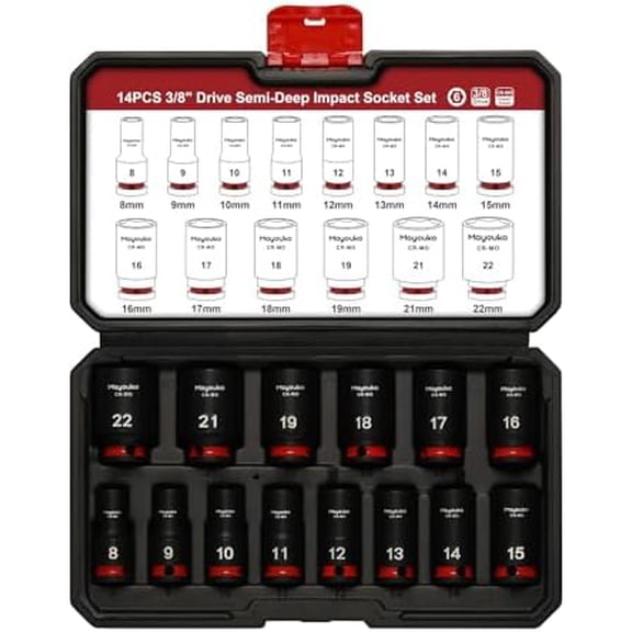 14PCS 3/8" Drive Semi-Deep Impact Socket Set, 8-22MM, Metric, CR-MO, Impact Grade Middle Length Socket Set, 6 Point$$Tools & Hardware Other