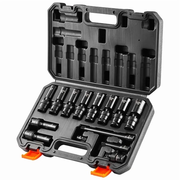14PCS 360 Degree Swivel Impact Socket Set 3/8 Inch Deep Metric 10-19mm Durable Cr-Mo Alloy Steel with Clear Size Markings for Auto Repair and Storage