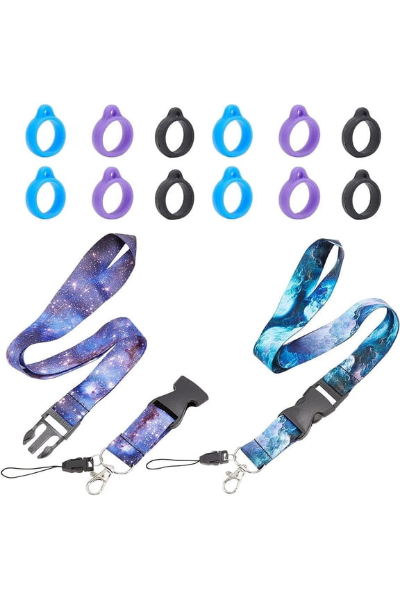 14PCS Anti-Lost Starry Sky Necklace Lanyard Set Include 12PCS 13mm Silicone Rubber Rings Pen Lanyard Holder and 2 Styles Neck Lanyard Strap for Keys ID Badge with Release Buckle