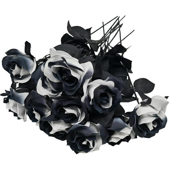 14PCS Black and White Artificial Roses Flowers,Black and White Fake Roses Bouquet Faux Silk Black and White Flowers for Halloween Party Home Decor (Black and White Rose)