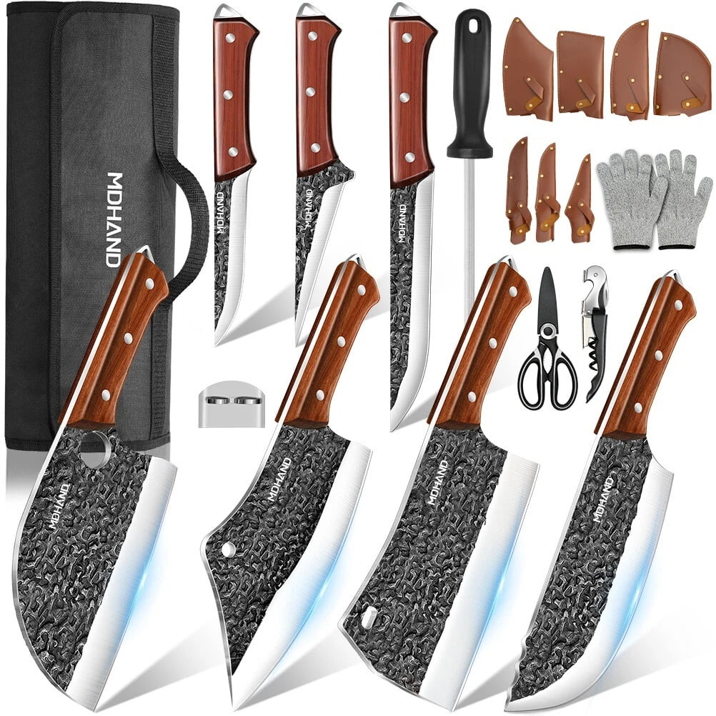 14PCS Butcher Chef Knife Set include sheath,Welan Kitchen Knife Whole Tang Vegetable Cleaver Home BBQ Camping with Knife Bag(Forged)