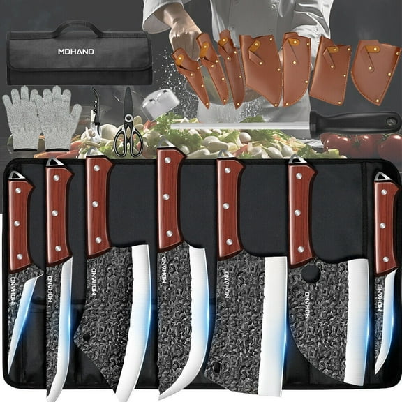 14PCS Butcher Knife Set,Kepeak Hand Forged Chef Knife & Meat Cleaver Knife Set for Home, Outdoor Cooking, Camping