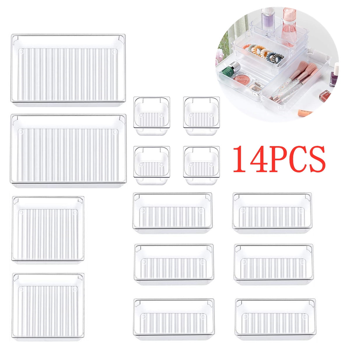 14PCS Clear Plastic Drawer Organizer, Desk Drawer Organizer Tray 4 Size