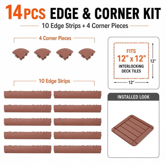 14PCS Deck Tile Edge & Corner Kit, 10 Edge Strips and 4 Corner Pieces, Compatible with 12" x 12" Interlocking Deck Tiles, Snap-Together PP Border Trim for Patio, Balcony, Porch and Walkway