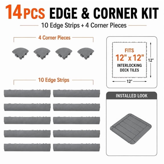 14PCS Deck Tile Edge & Corner Kit, 10 Edge Strips and 4 Corner Pieces, Compatible with 12" x 12" Interlocking Deck Tiles, Snap-Together PP Border Trim for Patio, Balcony, Porch and Walkway