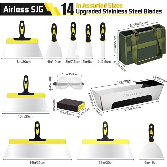 14PCS Drywall Knife Set, Hand Tool Kit Include Stainless Steel Putty Knives, Taping Knives, Painter Scraper, 14" Drywall Mud Pan, Carry Bag &  Block,Spackle Tools for Home
