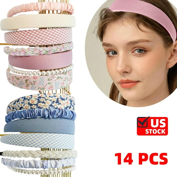 14PCS Fashion Headbands for Women,Cute Pearl Headbands for Girls,Vintage Wide Headband for Women,Non Slip Flower Headband, Hair Hoop Headband for Washing face, Makeup- Blue, Pink
