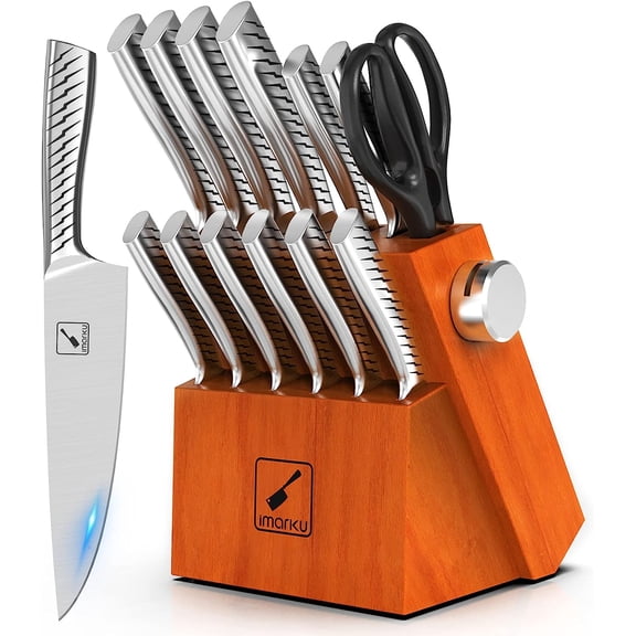 14PCS Knife Sets for kitchen with block, One-Piece Kitchen Knife Sets with Built-in Sharpener, Stainless Steel Chef Knife Set with Lightning Stripes Handle, Dishwasher Safe(Wood)