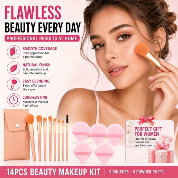 14PCS Makeup Brush and Powder Puff Set, 9PCS Professional Makeup Brushes with Travel Case and 5PCS Triangle Powder Puffs for Foundation, Blush, Concealer and Setting Powder