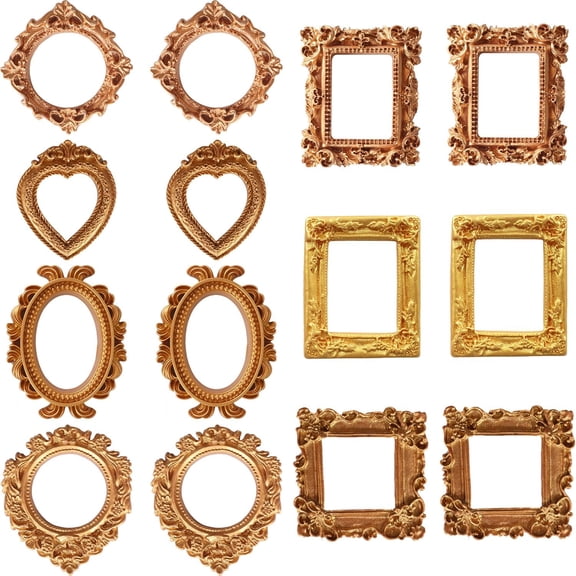 14PCS Mini Gold Picture Frames, Vintage Small Picture Frames Antique Resin Photo Frames Oval Rectangle, Wall Hanging Display Table Frame for DIY Jewelry Photography Holiday Party Hotel Decor