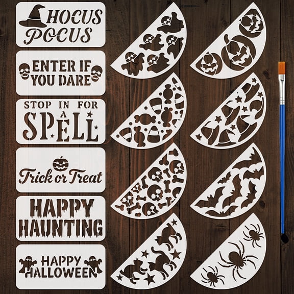 14PCS Patterns Stencils with 1Pc Brush 11.8x5.9inch Words Ghosts Skeletons Spiders Pattern Stencil Theme Template