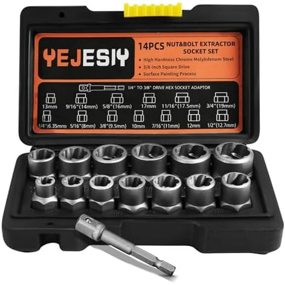 14PCS Premium Bolt Extractor Kit, Stripped Bolt Extractor Socket Set with 3/8 Inch Adapter, Easy Out Lug Nut Remover for Rusted, Rounded, Damaged Nuts Screws$$Tools & Hardware Other