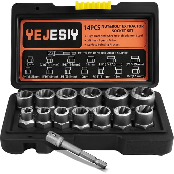 14PCS Premium Bolt Extractor Kit, Stripped Bolt Extractor Socket Set with 3/8 Inch Adapter, Easy Out Lug Nut Remover for Rusted, Rounded, Damaged Nuts Screws