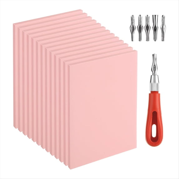 14PCS Rubber Stamp Carving Kit with Linoleum Block Carving Tools for Printmaking,Stamp Making Kit Block Printing Kit,14 x pink rubber blocks 1 set x stamp engraving tool (with 6 blades)