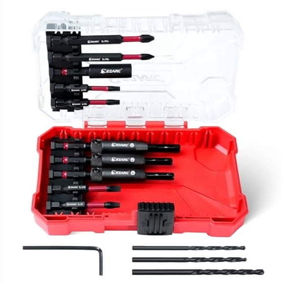 14PCS Self Centering Drill Bit Set, Center Drill Bit Set with Replacement Bits, Screwdriver Bits & Bit Holder - 1/4" Hex Shank for Cabinet Hinges & Woodworking with Storage Box