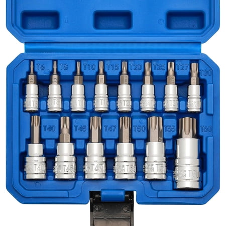 14PCS Torx Bit Socket Set, T6-T60, 1/4-Inch, 3/8-Inch and 1/2-Inch Drive, S2 and Cr-V Steel, Star Bits Socket Set