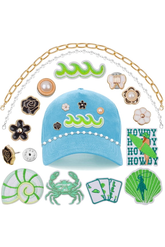 14PCS Trucker Hat Chain Accessories Kit, 6PCS Green Ocean Wave Surfer Iron On Patches and 2PCS Golden and Pearl Hats Chains with 6PCS Pearl Roses Buckles for Mesh Baseball Caps