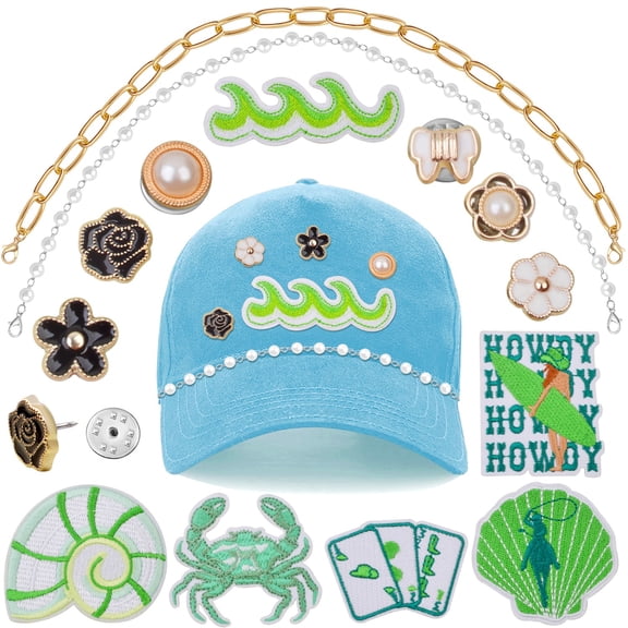 14PCS Trucker Hat Chain Accessories Kit, 6PCS Green Ocean Wave Surfer Iron On Patches and 2PCS Golden and Pearl Hats Chains with 6PCS Pearl Roses Buckles for Mesh Baseball Caps