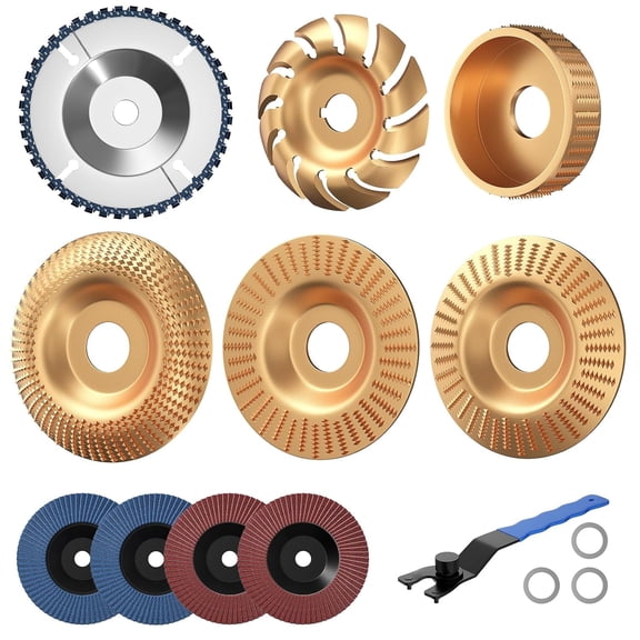 14PCS Wood Carving Disc Set for 4" & 4-1/2" Angle Grinder – Wood Cutting, Carving & Grinding Kit with Chainsaw Disc, Wood Shaping Discs, Flap Sanding Wheels, Adapter Rings & Wrench