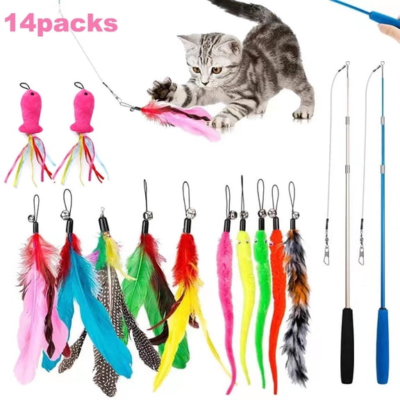 14Packs Cat Toys Feather Toy, 2PCS Retractable Cat Wand Toys and 12PCS Replacement Teaser with Bell Refills, Interactive Catcher Teaser and Funny Exercise for Kitten & Cats