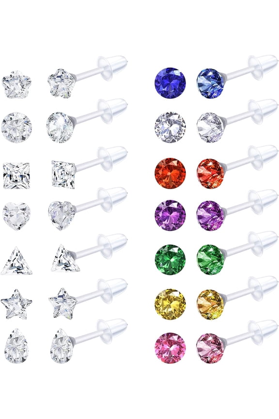 14Pairs Clear Plastic Earrings Stud Earrings For Women Rhinestone Acrylic Stud Earrings Clear Piercing Retainer For Sport Work[Z4102]