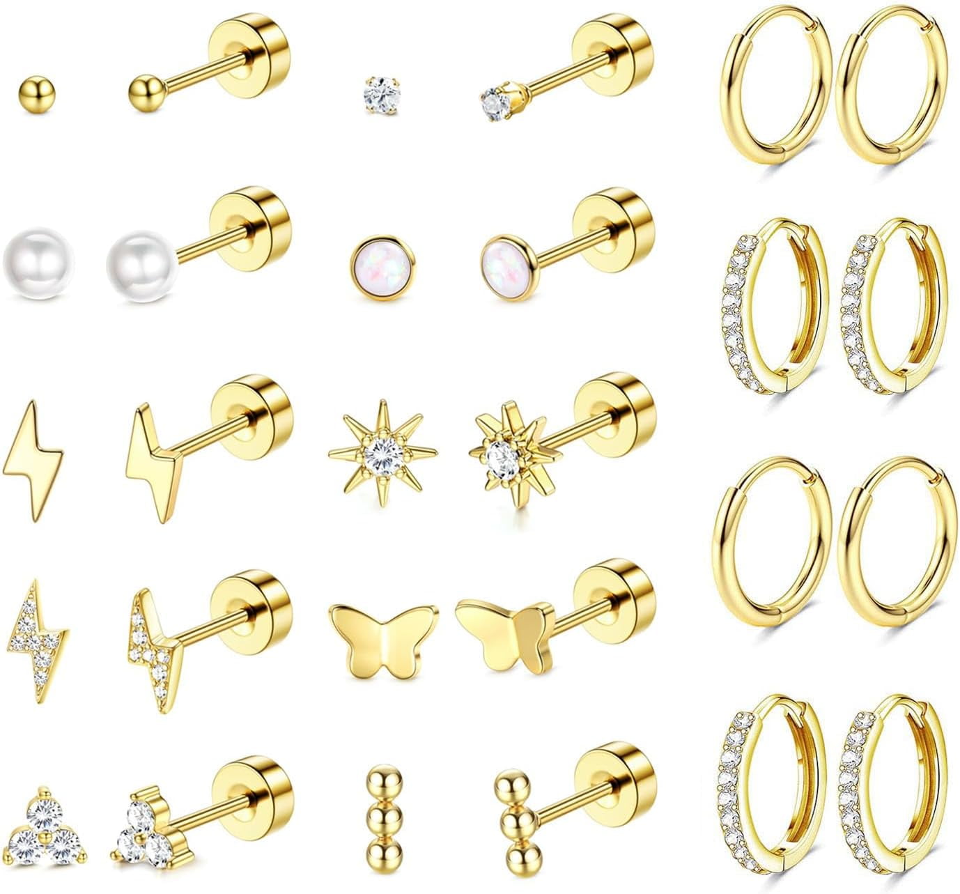 14Pairs Flat Back Fine Silver Gold Earrings for Women Set Non-Allergenic Surgical Steel Stud Hoop Cartilage Earring Stack Ear Conch Daith Tragus Helix Piercing Jewellery[h916]
