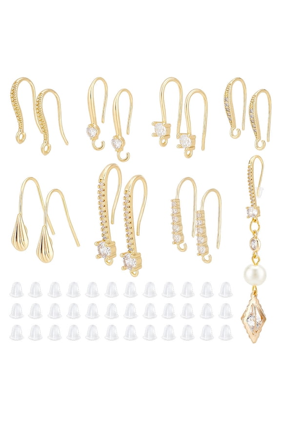 14Pc 7Style Brass Micro Pave Clear Cubic Zirconia Earring Hooks Ear Wire with Loops Real 18K Gold Plated 15~23.8x4~17mm Hole 1~2.5mm Pin 0.5~0.9mm
