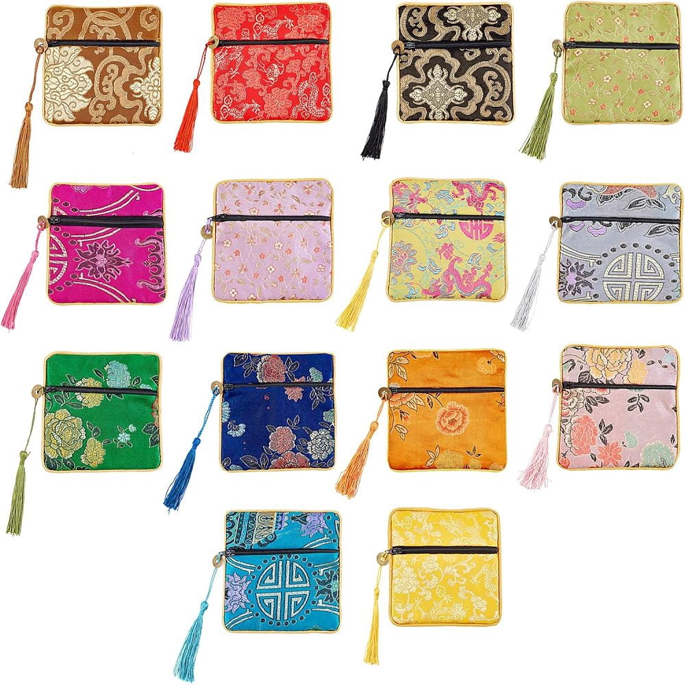 14Pcs 14 Colors Chinese Brocade Tassel Zipper Jewelry Bag Gift Pouch Square Mixed Color 11.5x11.5cm 1pc/color