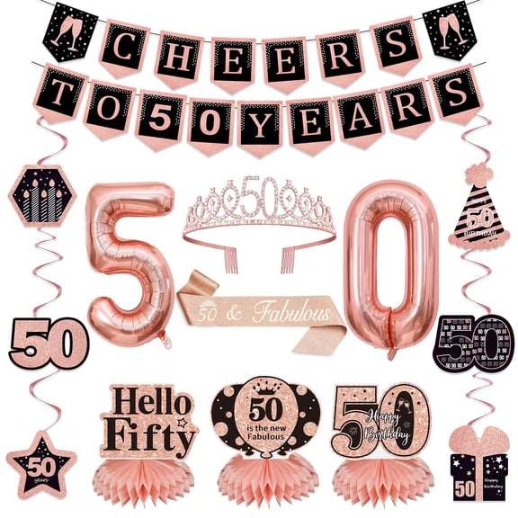 14Pcs 50th Birthday Decorations for Her with Banner, Hanging Swirls, Balloons,Crown and Sash,Table Honeycombs Centerpieces, Happy 50th Birthday Decorations Y114