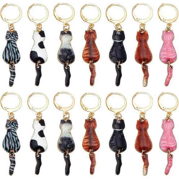14Pcs 7 Colors Cat Stitch Markers Alloy Enamel Crochet Stitch Marker Charms Animal Leverback Clasp Knitting Charms for DIY Keychain Jewelry Weaving Sewing Crafts