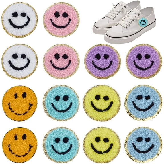 14Pcs 7 Colors Face Patch Happy Face Patches Towel Sew on Appliques Embroidery Face Applique for Backpacks Hats Clothes Jackets Sewing Craft Decoration Gold