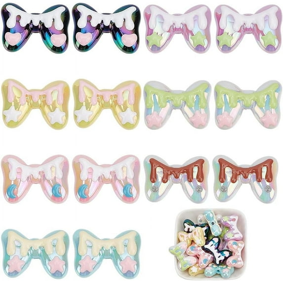 14Pcs 7 Colors Focal Beads for Pens Acrylic Bowknot Beads Candy Color Hand Drawn Beads Cute 3D Loose Beads Coloful Pen Accessories Beads for Beaded Pens Jewelry Keychain Making Colorful