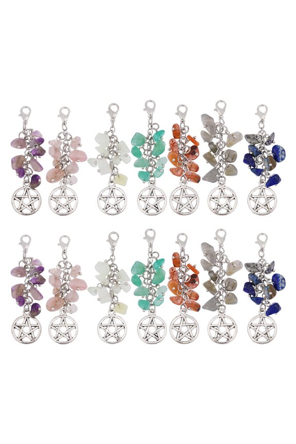 14Pcs 7 Colors Natural Gemstone and Alloy Pendant Decoration with Alloy Lobster Claw Clasps 65mm 2pcs/color DIY