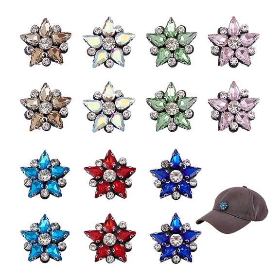 14Pcs 7 Colors Rhinestone Thread Iron on/Sew On Patches Star with Gum Cloth Appliques Mixed Color 30.5~31x31.5~32x7~8mm 2pcs/color