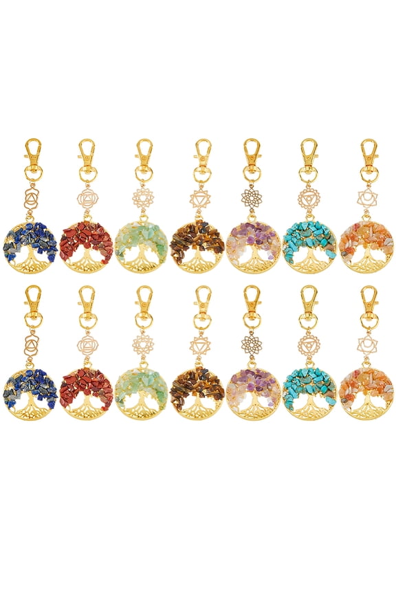 14Pcs 7 Colors Tree of Life Keychain Natural Gemstone Purse Charms with Alloy Lobster Clasps Handmade Stones Clip On Charms Golden Key Chain Zipper