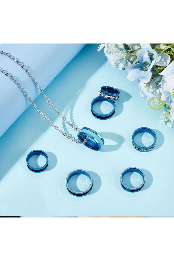 14Pcs 7 Sizes Ring Blanks Titanium Steel Grooved Finger Rings Set Blue Core Inlay Ring for Resin Empty Unisex Rings for Jewelry Making