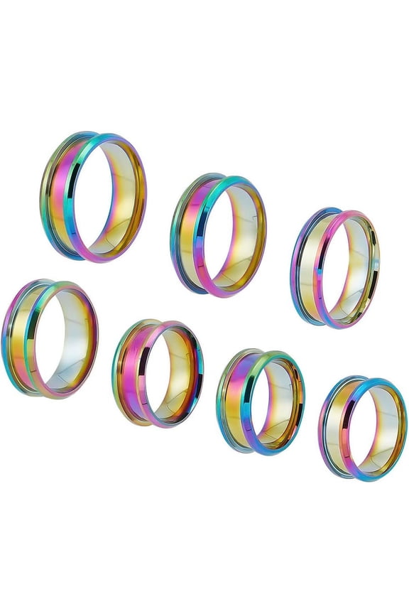 14Pcs 7 Style 201 Stainless Steel Engravable Grooved Finger Ring for Men Women Rainbow Color Size 5 1/4(16mm)~Size 13(22.2mm)